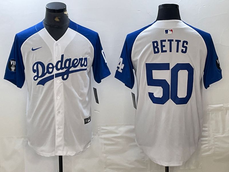 Men Los Angeles Dodgers 50 Betts White blue Fashion Nike Game MLB Jersey style 1